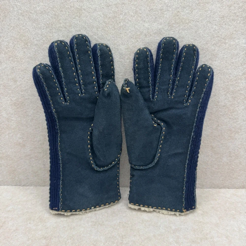 Vintage Aris Navy Blue Suede Shearling Lined Gloves Contrast Stitch Small Winter